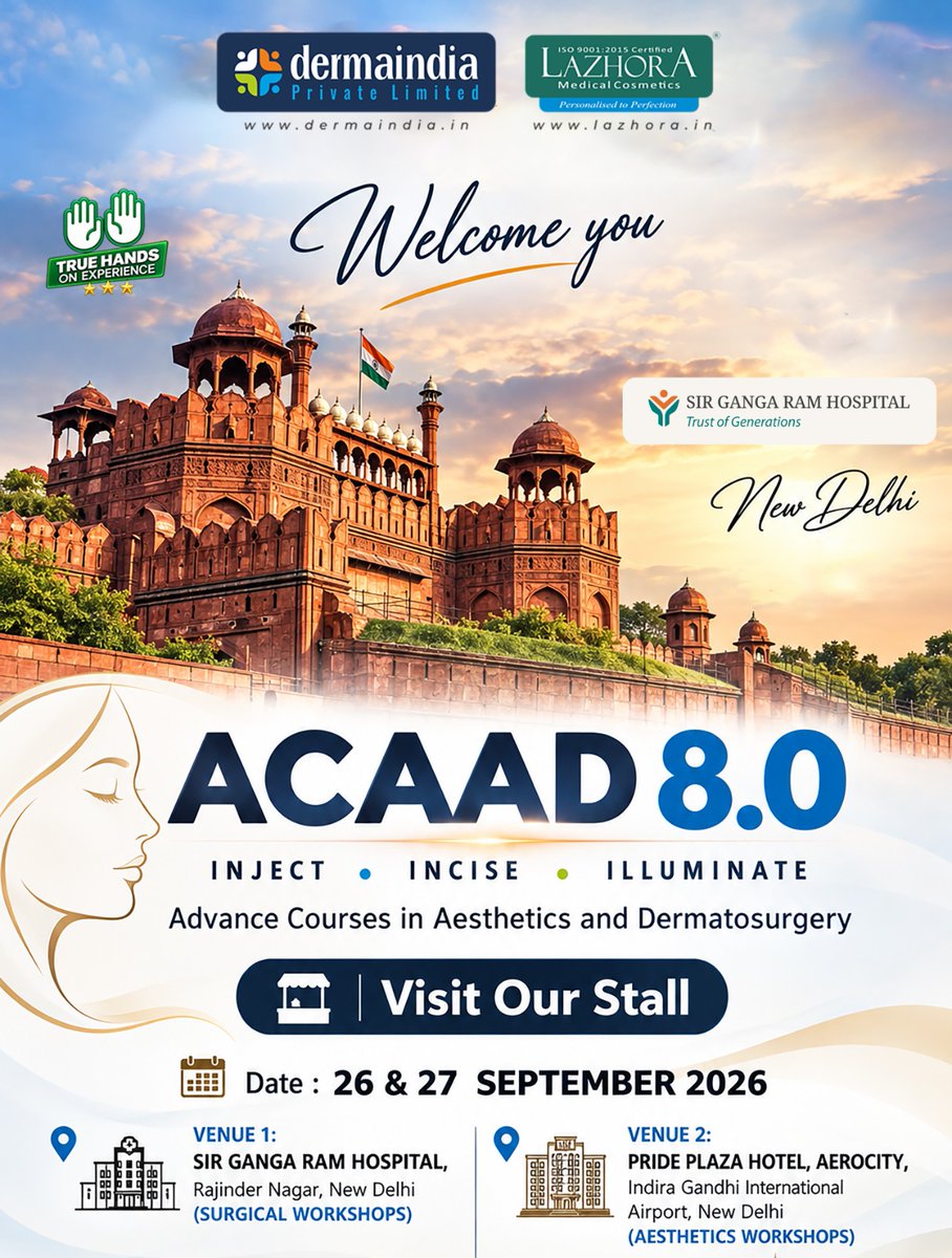 DLazhora3312's tweet photo. Join Us at ACAAD 8.0 in New Delhi!
π· Dates: 26 & 27 September 2026
#ACAAD8 #Dermaindia #LAZHORA #Dermatosurgery #AestheticMedicine #MedicalCosmetics #NewDelhiEvents #DermatologyConference #IADVL https://t.co/wXQo00FzSQ