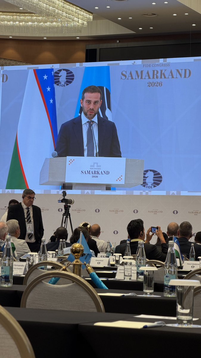 davidllada's tweet photo. Wadim Rosenstein is the first of the three Candidates to give his 15’ speech. He will be followed by Buettner, and then Turlov. #FIDEelections https://t.co/IdGKSwnbHC