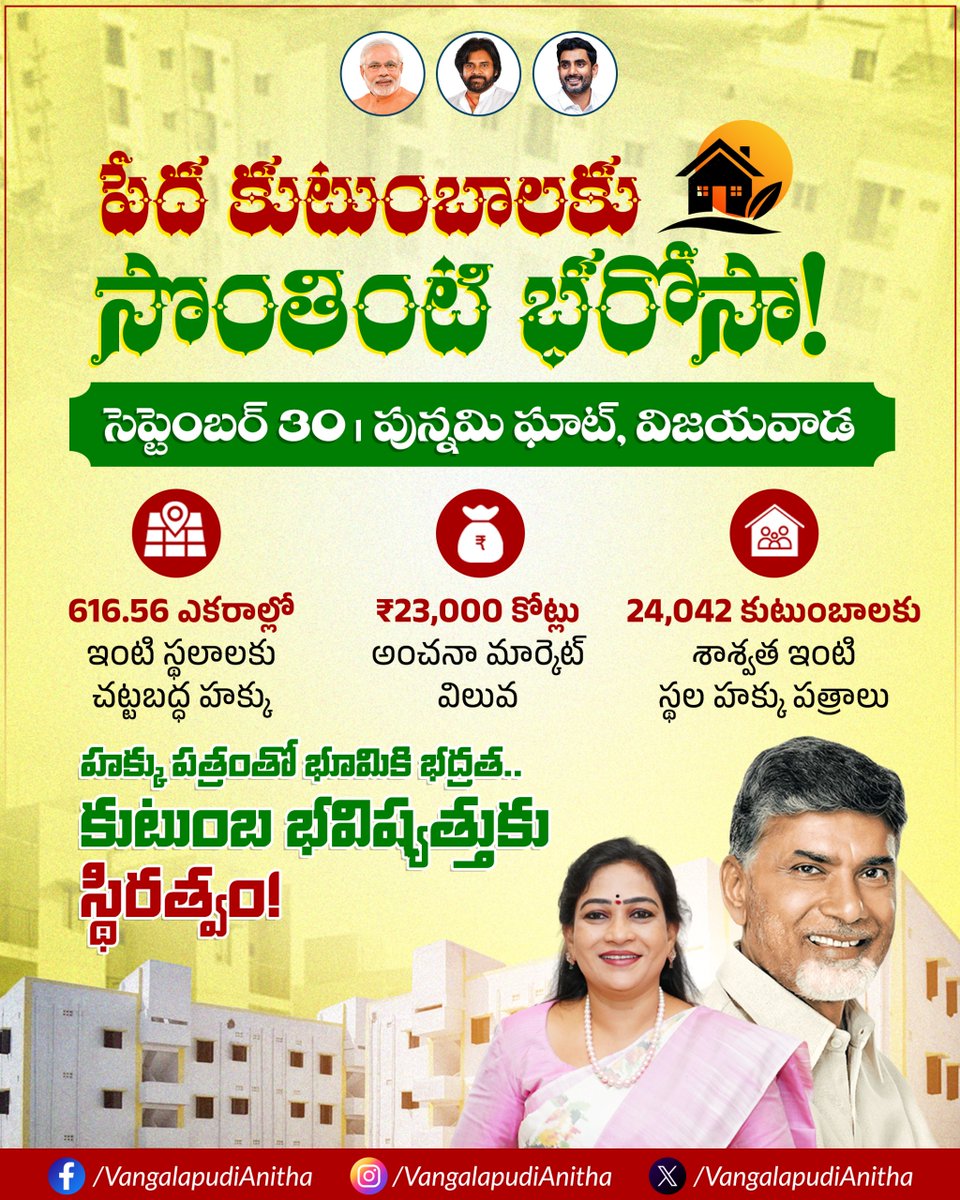 Anitha_TDP's tweet photo. పేదల సొంతింటి కలను సాకారం చేసే దిశగా మరో ముందడుగు వేస్తున్నాం.
616.56 ఎకరాల్లో ఇంటి స్థలాలు, 24,042 కుటుంబాలకు శాశ్వత ఇంటి స్థల పట్టాలు అందించేందుకు చర్యలు చేపట్టాం.

సెప్టెంబర్ 30న పున్నమి ఘాట్, విజయవాడ వేదికగా ఈ కార్యక్రమం నిర్వహణ.

#ChandraBabuNaidu #HomeMinister #VangalapudiAnitha #TDP #AndhraPradesh