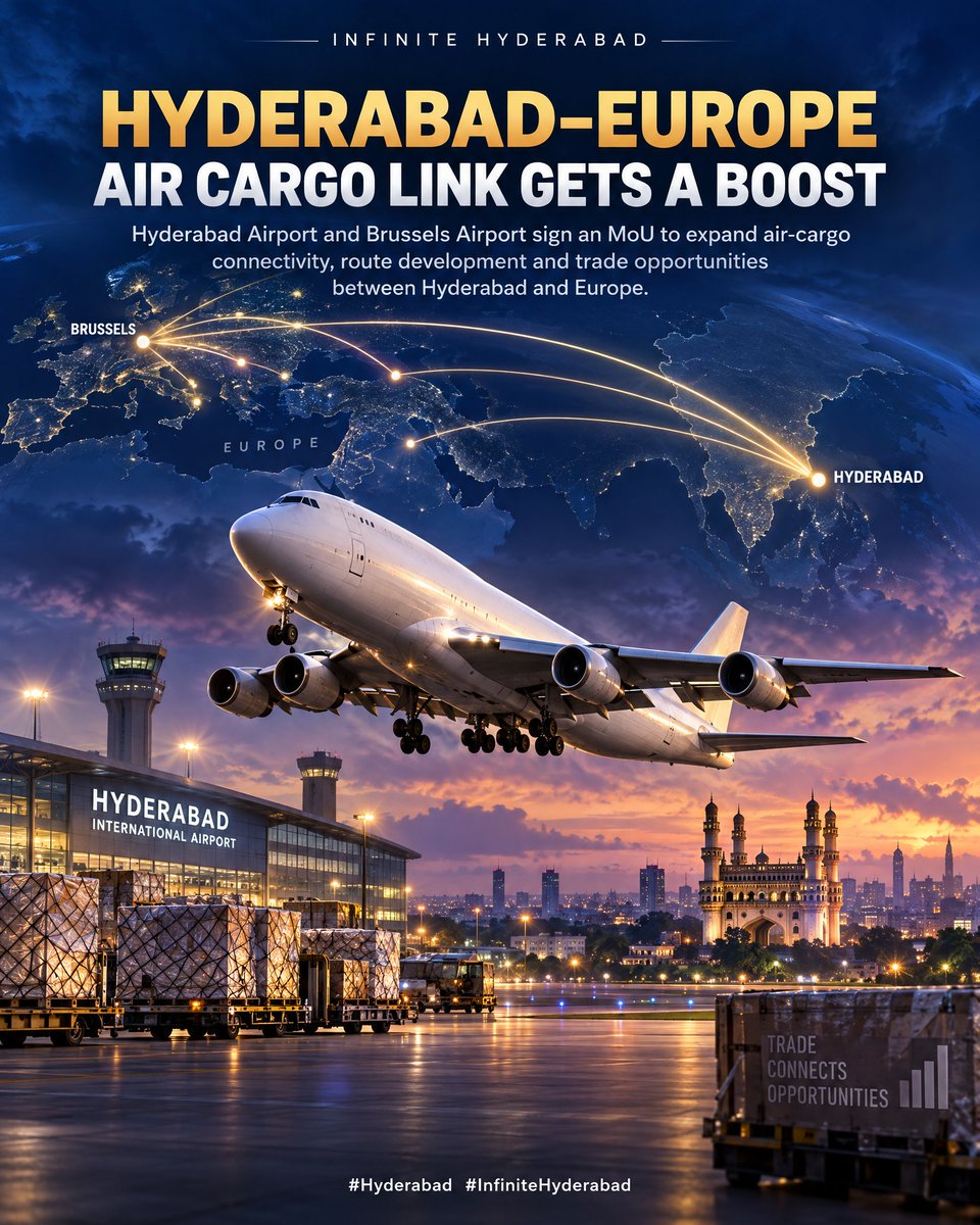 InfiniteHyd's tweet photo. HYDERABAD–EUROPE AIR CARGO LINK GETS A BOOST
Hyderabad Airport and Brussels Airport sign an MoU to expand air-cargo connectivity, route development and trade opportunities between Hyderabad and Europe.
#Hyderabad #RGIA https://t.co/7YflkwbEuf