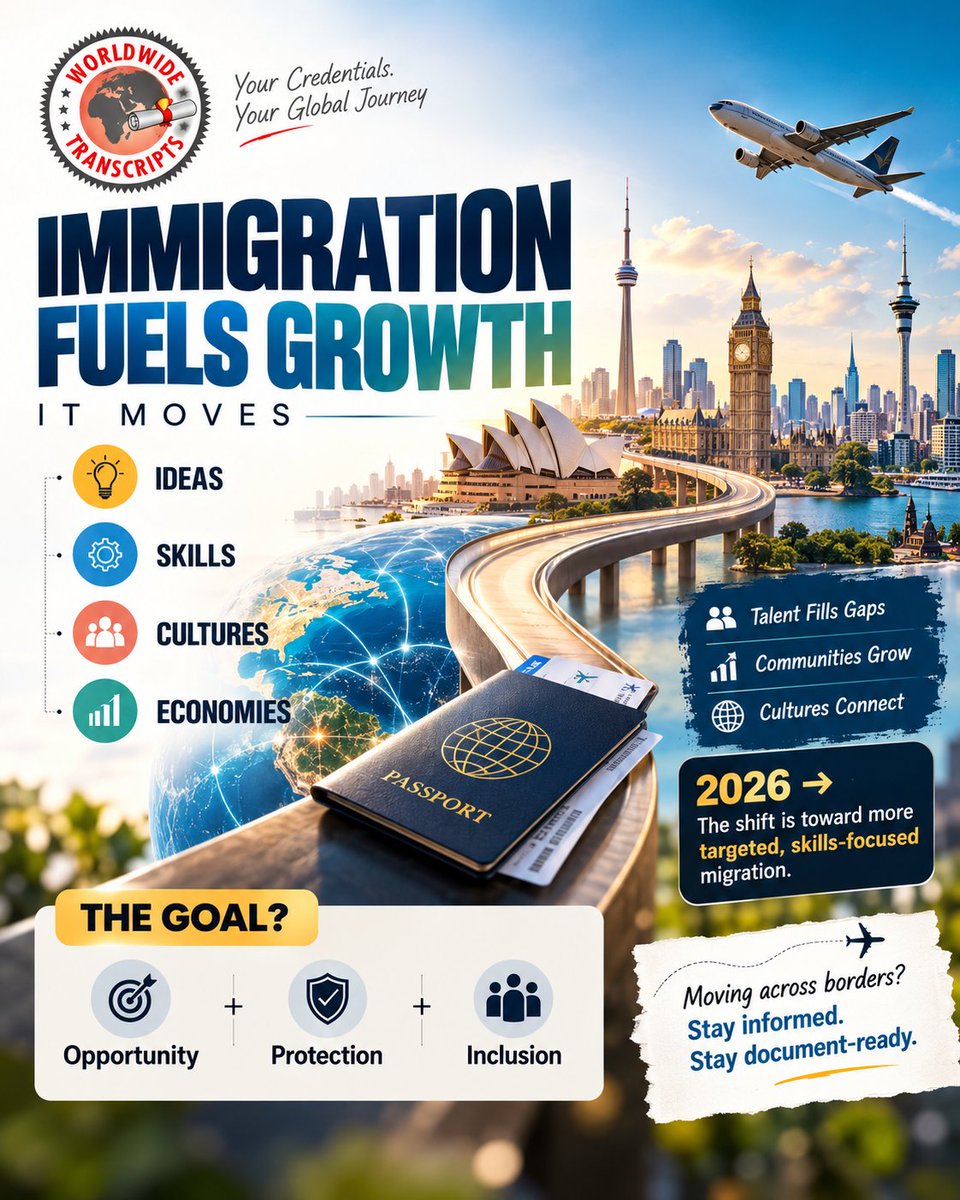 Wwtranscripts's tweet photo. Immigration moves more than people.
It moves ideas, skills, cultures &amp; economies.
In 2026, the focus is shifting toward more targeted, skills-focused migration.
Moving abroad? Stay informed. Stay document-ready. https://t.co/K0lHGQbnsn