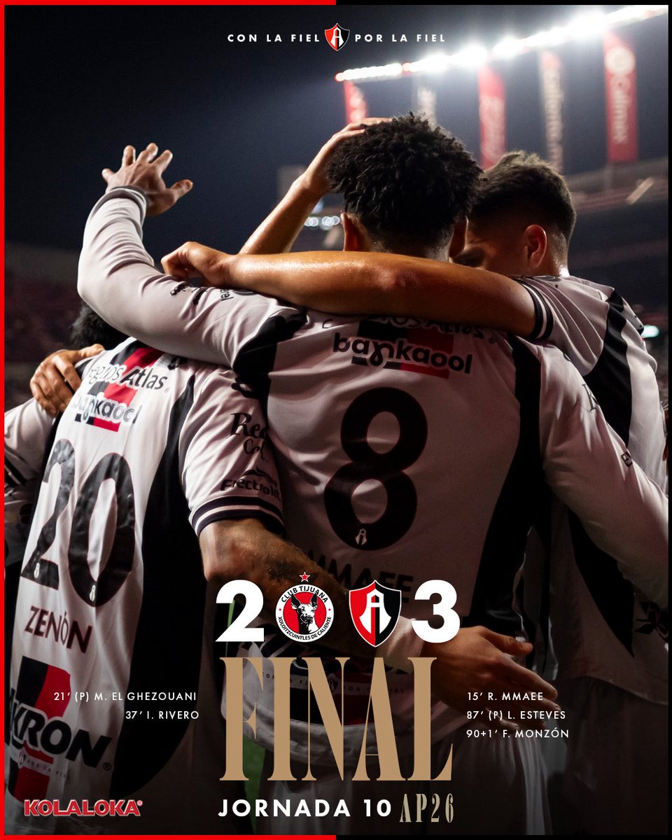 AtlasFC's tweet photo. MF’ | @Xolos 2- 3 Atlas FC  

SE ACABA EL PARTIDO Y NOS LLEVAMOS LOS 3️⃣ PUNTOS

¡QUÉ TRIUNFO, QUÉ CARÁCTER Y QUÉ PARTIDO!

ARRIBA EL ATLAS FC

#ParaLaFielPorLaFielYConLaFiel https://t.co/w7KgBFxK4u