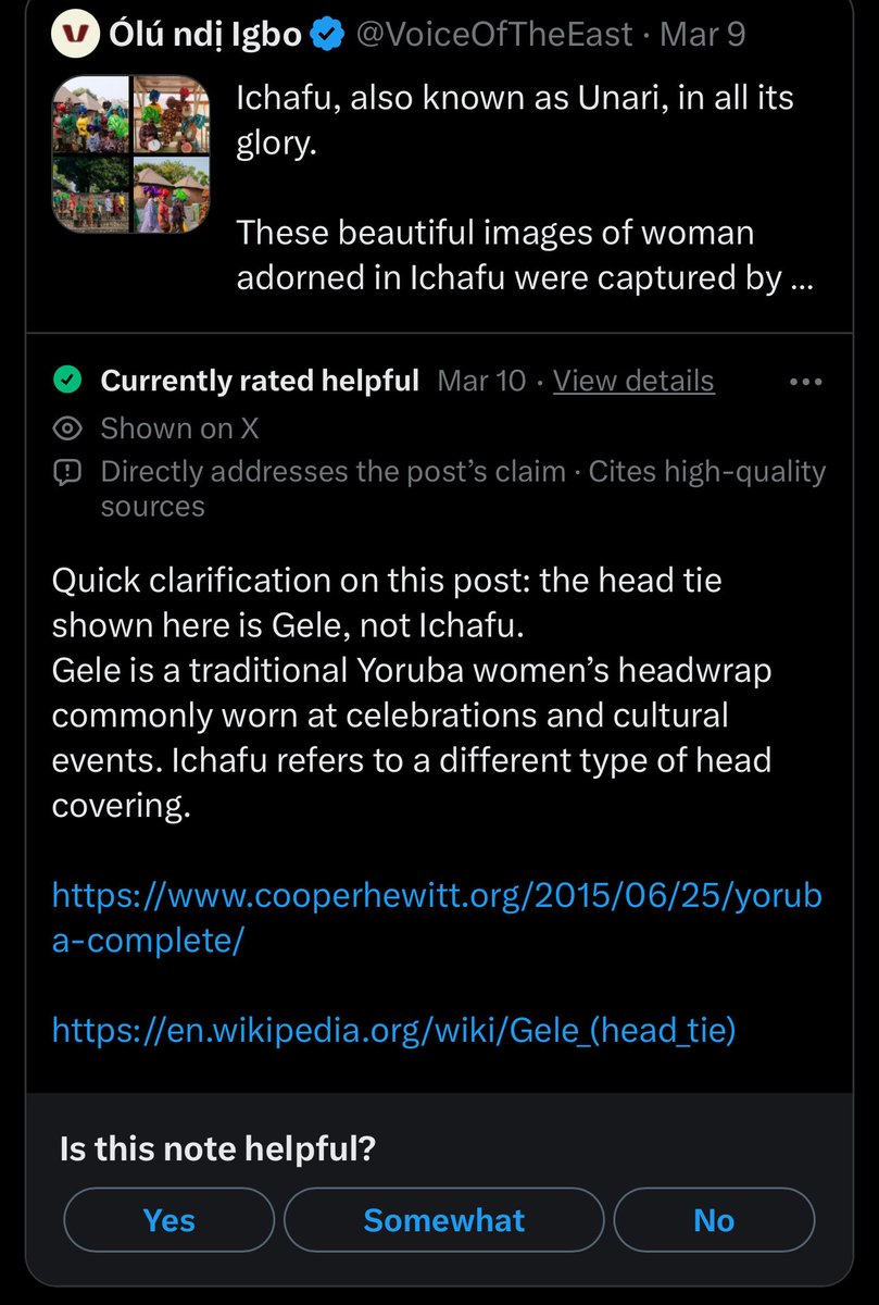 jcokechukwu's tweet photo. 🤣 I saw where “Community Notes” was correcting images of our Igbo women wearing #ichafu claiming what they’re wearing is gele. 

I exposed how they weaponize grok searches to intimidate you into accepting their fake re-written history of the Igbo culture. I’ll expose this one too with just one screenshot that you can verify right now. 

Community notes’ only references are Wikipedia and one tribal commentary. That’s it. But take a look at the screenshot on the right and see who runs your Wikipedia operations in Nigeria. The misinformation and disinformation agenda is real and its aim is to suppress authenticity and promote fabrication. But we’ll never let them succeed. 

If you’re Igbo and on this space, you’re already at war with these “culture vultures” who are right now waging a ferocious information warfare on our heritage. You must stand up and use every intellectual weapon at your disposal to defend what we’ve got. 

To hell with their manipulated groks searches and Wikipedia references. Our history is our history and we, not them or anyone, can tell our story. 

#ichafu #omugwo #akwete #nwaodibo #nwaboi #ofeogbono #ofensala #ofeonugbo 

#igboamaka 💪🔥😎