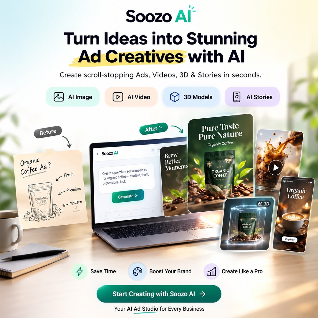 UlaSanderdeh's tweet photo. Turn rough notes and simple ideas into stunning ad creatives in seconds. With Soozo AI, transform a basic coffee ad concept into scroll-stopping images, videos, 3D models, and social stories. Save time, elevate your brand, and create like a pro for https://t.co/rUSk0ZqB65
