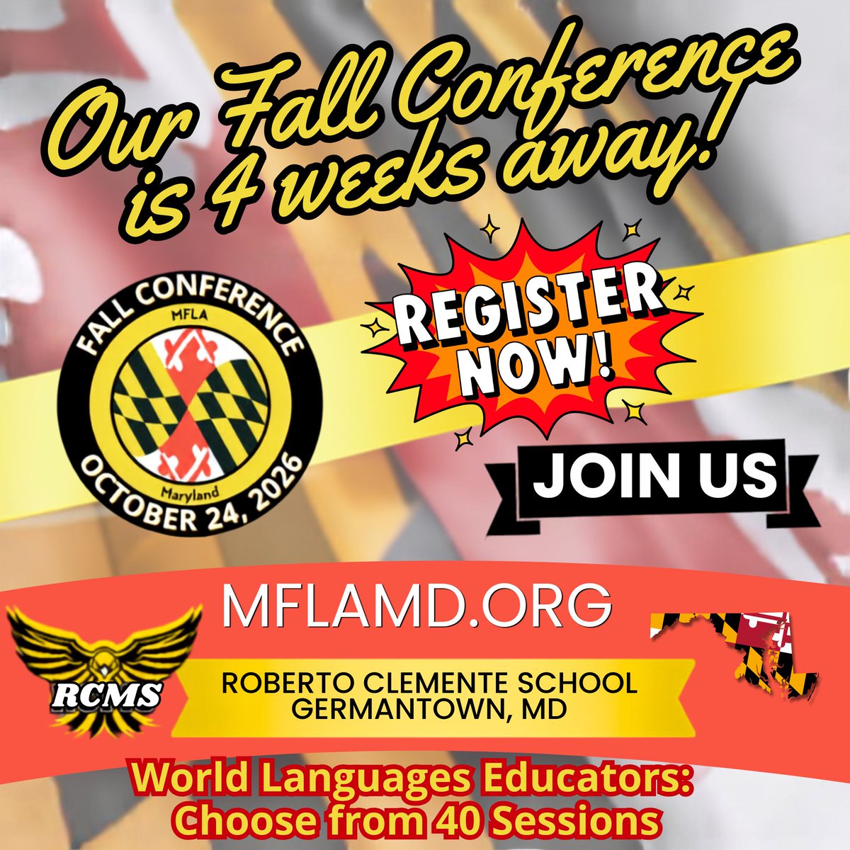 MFLAMD's tweet photo. FOUR WEEKS TO GO!  The MFLA Fall Conference is just ONE MONTH away! Join world language educators  on Saturday, October 24, at Roberto Clemente Middle School in Germantown.
Register today: https://t.co/p3WO6eUR61
#MFLA #MFLAFallConference #WorldLanguages #WorldLanguageTeachers https://t.co/wSVAh1ZMhA