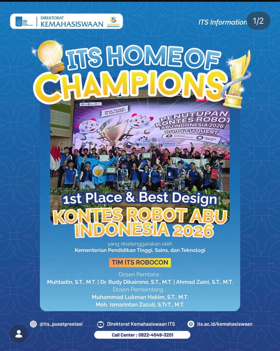 fess10nopember's tweet photo. Ojo Bahas Kader sek leee
Kabar Bahagia Gawa Mas Mba Arek ITS

Ibu Luhur ITS 
Berhasil Trable Winner 🏆 Kontes Robot yah ada di Indonesia dalam tahun yang sama🔥🔥
1. Kontes Robot Abu Indonesia - Juara 1 🏅
2. Kontes Kapal Indonesia - Juara Umum 🏅
3. Kontes Robot Terbang Indonesia - Juara Umum 🏅

Wingi sg ngomong Kampus sepele, saiki kene sg menguasai🔥🔥🔥

VIVATT…..