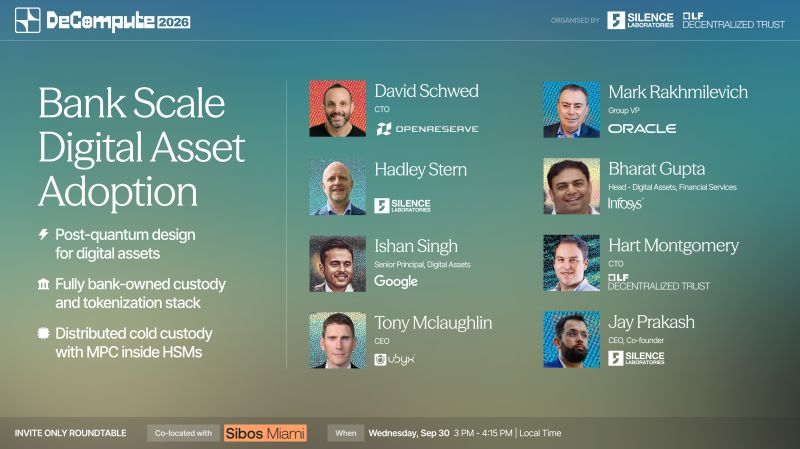 silencelabs_sl's tweet photo. @Sibos  week, Miami. On Wednesday, 30 September, we are hosting the Miami chapter of @DeComputeConf  2026 with LF Decentralized Trust : a close door roundtable on bank-scale digital asset adoption.

We are putting three questions on the table: 

1. First, post-quantum design for digital assets: what and how FIs and banks should migrate first, and how, without adding to the HSM, MPC and cold-storage fragmentation they already live with.

2. Second, a fully bank-owned custody and tokenization stack: how a bank keeps control of the critical parts of the stack and reuses the risk, compliance and governance systems it already trusts, instead of building a parallel world for tokenized assets.

3. Third, distributed cold custody with MPC inside HSMs: key sovereignty, recovery and custodian independence when a signing key never exists in one place.

Joining the conversation:

@dschwed , CTO, @OpenReserveBank 
Mark Rakhmilevich, Group VP, @Oracle 
Bharat Gupta, Head of Digital Assets, Financial Services, @Infosys 
Ishan Singh, Senior Principal, Digital Assets, @Google 
Hart Montgomery, CTO, @lfdecentralized 
@stablemaximus , CEO, @ubyx_ .
@hadleystern. Silence Laboratories, and
@jaysprakash  alongside senior leaders from GSIBs, OCC-regulated banks and custodians.

The discussion runs under the Chatham House Rule.

Wednesday, 30 September, 3:00 to 4:15 pm.

Thanks to @danielabarbosa  and LF Decentralized Trust for support!