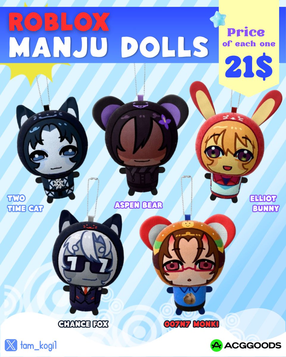tam_kogi1's tweet photo. The Roblox Manju dolls plushies are here! Look at these cuties~ Check out my store to get a better look at my designs 👀 ⭐️
(I'll be working on more designs in the future!!) 
🔗https://t.co/OK1I5usPMQ 

#acggoods #robloxart #forsaken https://t.co/edUk3RvqFO