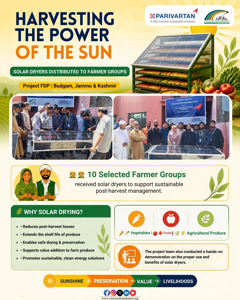 citizens_cf's tweet photo. ☀️🌱Turning Sunshine into Sustainable Solutions!

Under Project #FDP, solar dryers were successfully distributed among 10 selected farmer groups in Budgam, strengthening farmers’ access to sustainable post-harvest management solutions.👩‍🌾👨‍🌾 The project team also demonstrated the proper use of the solar dryers and highlighted their benefits for the safe and efficient preservation of vegetables, fruits, and other agricultural produce.🥕🍎🌶️

Solar drying can help reduce post-harvest losses, extend the shelf life of farm produce, and unlock opportunities for better utilization and value addition, helping farmers make more from what they grow. 🌾📈

📍 Budgam | Jammu & Kashmir
🔧 Installation and follow-up support at the respective villages will be carried out in the coming days.

Small steps. Sustainable technology. Greater value for farmers. ☀️🌾🤝
@GaneshReddys7 @JandKTourism @HDFCBankCSR 
#ProjectJKLFDP #Budgam #JammuAndKashmir #SolarDryers #SolarDrying #CFat29 #Farmers #FarmerGroups #PostHarvestManagement #PostHarvestLoss #ValueAddition #SustainableAgriculture #ClimateSmartAgriculture #AgriInnovation #RuralDevelopment #FarmerEmpowerment #SustainableSolutions #AgricultureForDevelopment #FoodSecurity #Livelihoods #FarmToValue
