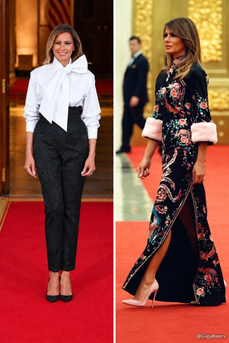 DonadTrump123's tweet photo. From sleek black-and-white to an Asian-inspired floral gown. 

Melania makes both looks stunning. Which one gets your vote? https://t.co/8J1zSkuv98
