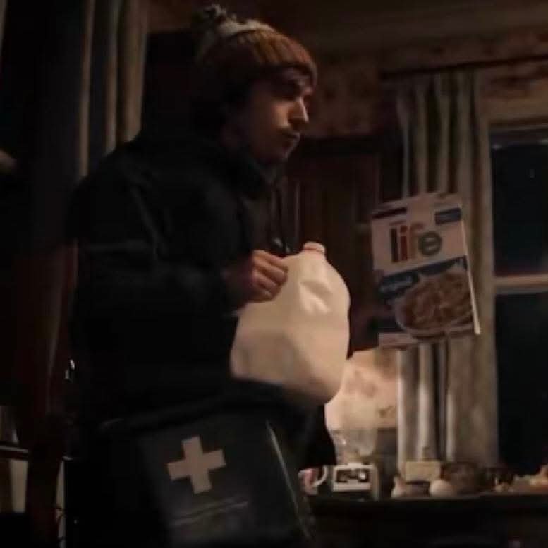 Goldenstories2's tweet photo. Bryan the courier seemingly might not have the best diet in Zach Cregger’s Resident Evil, but he demonstrates this is what peak male performance looks like.

Right after escaping a zombie he accidentally hit with his car and a dog chasing him across a farm after he hops a fence, Bryan helps himself to the fridge inside a nearby home. He chooses to eat cereal straight from the box and drink milk straight from the jug. It’s a good thing too, because this is the last “normal” meal he’ll ever have.

Funny enough, the cereal he eats is “Life.” It’s as though he consumed a power-up that buffed his status and fueled him all the way to Raccoon City Hospital. Truly Bryan is a man who knows form should always follow function, a lesson others should remember when confronted with the T-virus.

#ResidentEvilㅤ
