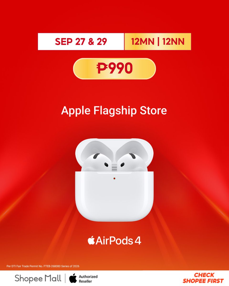 ShopeePH's tweet photo. RUSH DEALS SA PAYDAY?! π«¨
Time to checkout!
Enjoy your favorite Apple products this Sep 26β30 for as low as β±990! Checkout fast bago maubusan. β‘οΈ
Kaya Bestie, #CheckShopeeFirst and shop with confidence with #SiguradoSaShopeeMall π§‘
SHOP NOW: https://t.co/xrR5RSXPUv
#ShopeePH https://t.co/oWokJtTJ3q