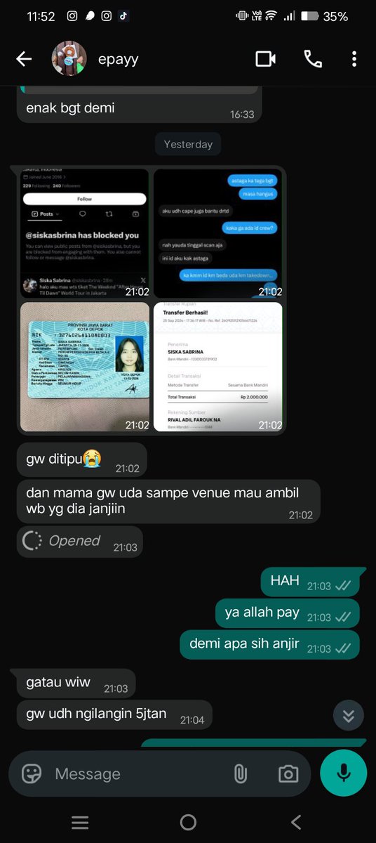 limiteddimple's tweet photo. GUYS HATI-HATI!!! 
@siskasabb orang jahat biadab ini nipu ya, temen duit gue dicuri! 

makan deh tuh duit haram yang lo curi dari temen gue, gak bakal berkah hidup lo nyari keuntungan diatas penderitaan orang. 

#theweeknd #penipu https://t.co/2xDnwlvlw2