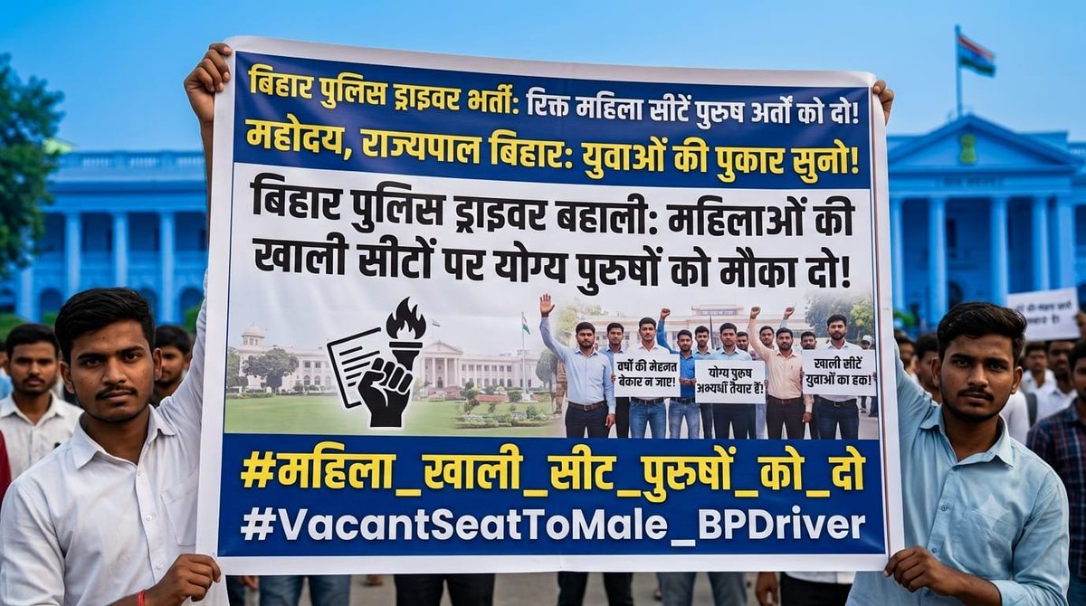 RAJESHRANJ33701's tweet photo. #biharpolicedriver4361 @BiharHomeDept @officecmbihar @samrat4bjp
बिहार पुलिस ड्राइवर भर्ती में महिलाओं की जो सीटें खाली रह गई हैं, उन सीटों पर पुरुषों को मौका मिलना चाहिए ताकि सीटें खाली न रहें और युवाओं को न्याय मिले 🙏 !
#महिला_खाली_सीट_पुरुषों_को_दो
#VacantSeatToMale_BPDriver https://t.co/GwJItgucJ6