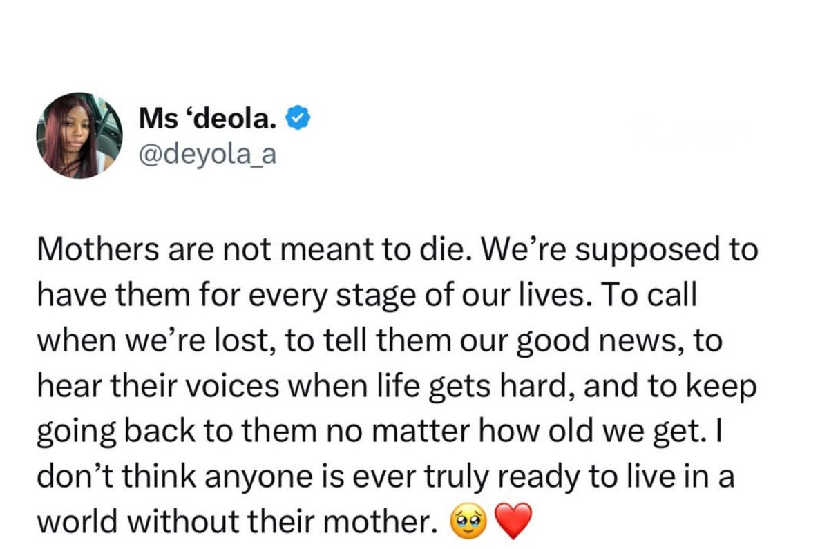 moregraceibup's tweet photo. Lately my timeline has been full of daughters and their moms and it triggers me. I lost mine way too early.

You hate the nagging until those shouts are gone.

I really miss having a mother. Mothers are a blessing. 🙏 https://t.co/ke2kN1y9fW