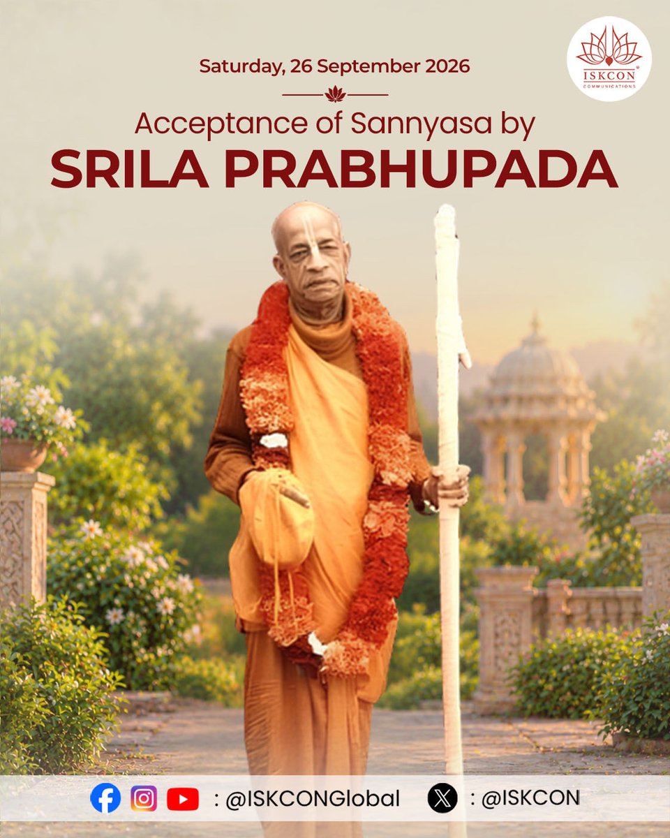 iskcon's tweet photo. On this day in 1959, 17 September, Srila Prabhupada accepted sannyasa to fulfill his spiritual master’s order—to take Sri Caitanya Mahaprabhu’s message to the English-speaking world. He dedicated his life to spreading Krishna consciousness throughout the world. https://t.co/ufuYHGbI6L