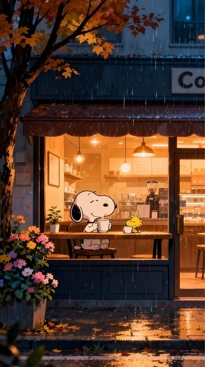 SnoopyWallpaper's tweet photo. Rainy Cafe Window with Snoopy https://t.co/tud3mA1JNA