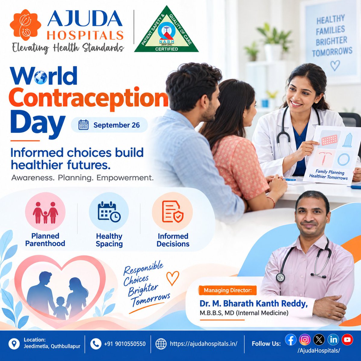 AjudaHospitals's tweet photo. #WorldContraceptionDay #WorldContraceptionDay2026 #FamilyPlanning #InformedChoices #HealthyFutures #PlannedParenthood #HealthySpacing #InformedDecisions #ResponsibleChoices #BrighterTomorrows #AjudaHospitals #Jeedimetla #Quthbullapur #DrBharathKanthReddy #InternalMedicine https://t.co/oDNoO9LP8A