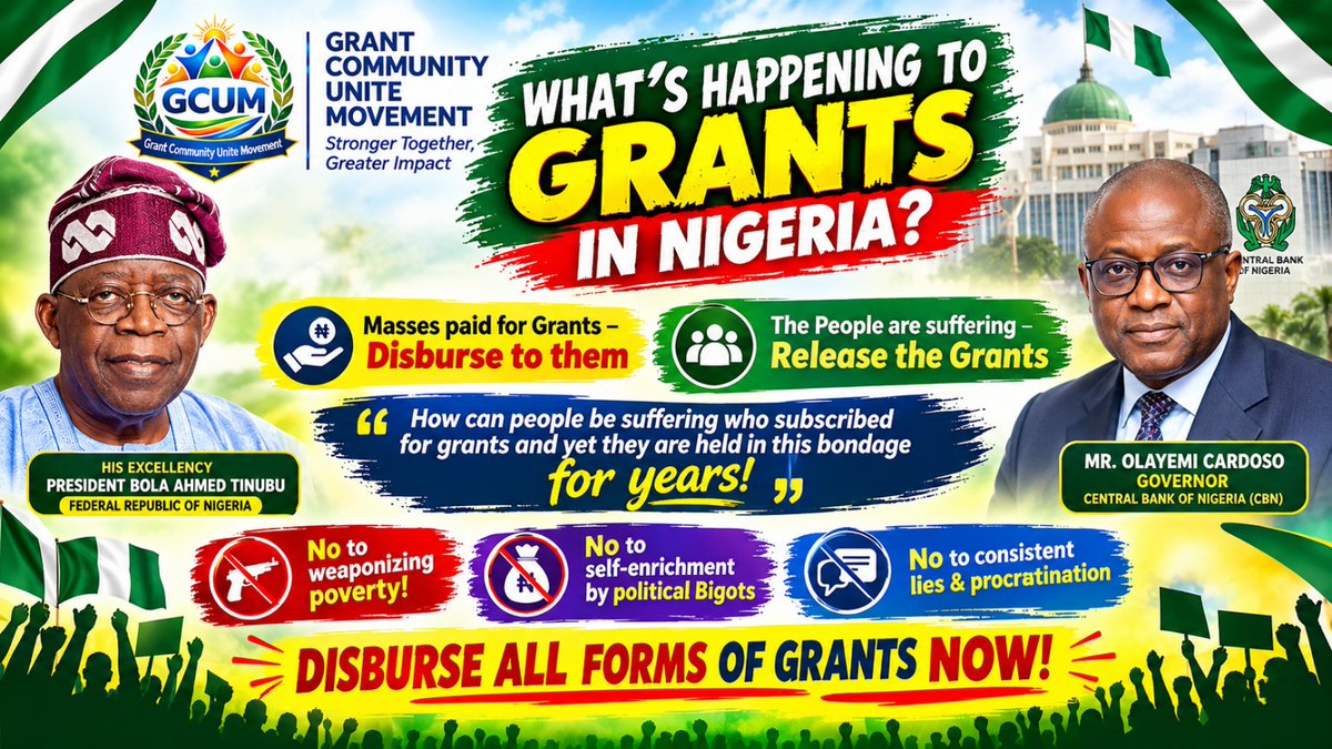GrantCommuUnite's tweet photo. WHAT’S HAPPENING TO GRANTS IN NIGERIA?

The questions from the masses are getting louder. People have waited for grants they were told about since over 10 years, some paid subscriptions, and many have spent years waiting for the promised outcome. How long should the people keep waiting? 
Poverty should never be weaponized, and the hopes of ordinary Nigerians should never become a tool for exploitation.  
DISBURSE ALL LEGITIMATE GRANTS NOW!
#GrantTransparency #Accountability #DisburseGrantsNow #FollowTheMoney #JusticeForTheMasses #StopTheDelay #Nigeria #GCUM #GrantCommunity
