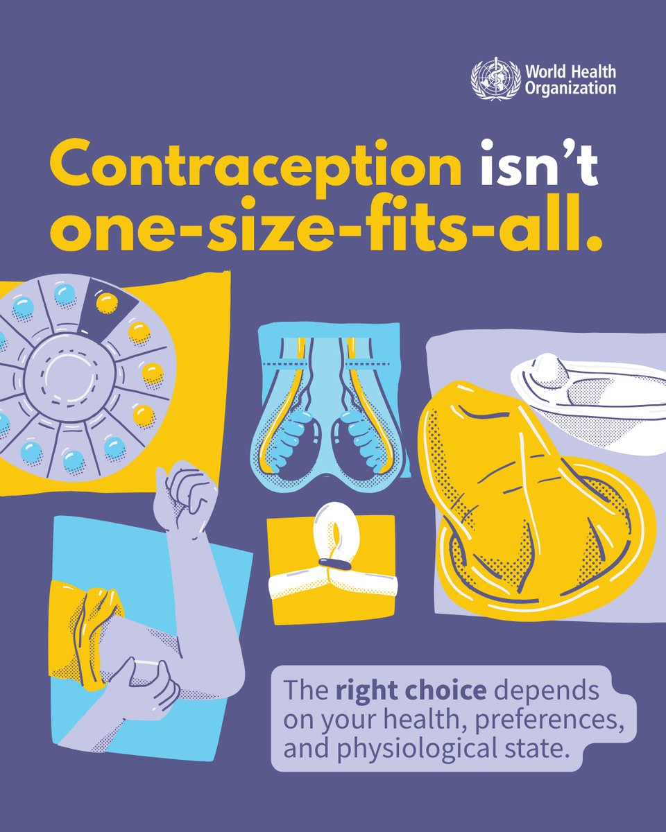 WHO's tweet photo. One size doesn’t fit all when it comes to contraception. 
The right choice depends on your health, preferences, and needs. 

Options include: 
- Condoms 
- Pills 
- Patches 
- Vaginal Rings 
- Implants 
- Intrauterine devices (IUDs) 
- Sterilization  

Choose contraception that’s right for you.