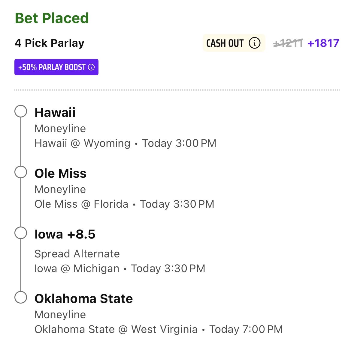 VortexTakes's tweet photo. College Football Week 4 Card

- Maryland ML +100

*Ole Miss ML +142

*Hawaii ML -135

*Iowa alt +8.5 -193

- Michigan/Iowa U38.5 -112

- Vanderbilt +9.5 -112

*Oklahoma St ML +105

- Missouri +6 -112

- Virginia -19.5 -115

*Parlayed my 4 favorite picks in bold at +1817 boosted