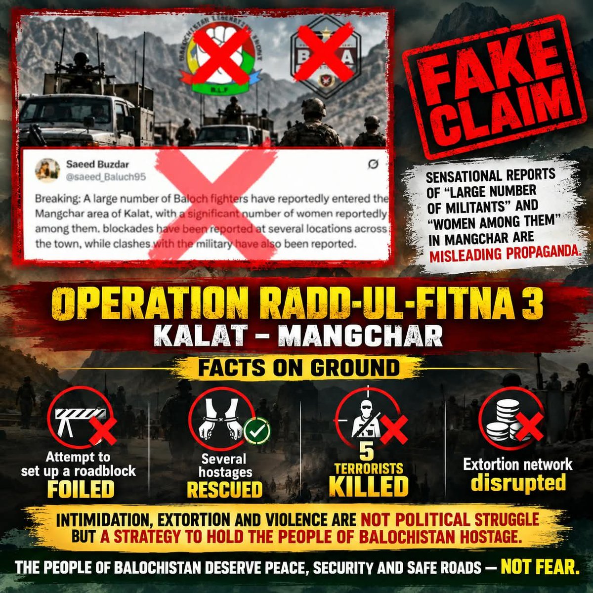 Asim__Speaks's tweet photo. Kalat–Mangchar | Radd-ul-Fitna 3
Security forces reportedly foiled a roadblock and extortion attempt, rescuing hostages. Balochistan deserves safe roads, peace and freedom from fear.
#RaddUlFitna3 #Kalat #Mangchar #Balochistan https://t.co/GuLbSjM2tr
