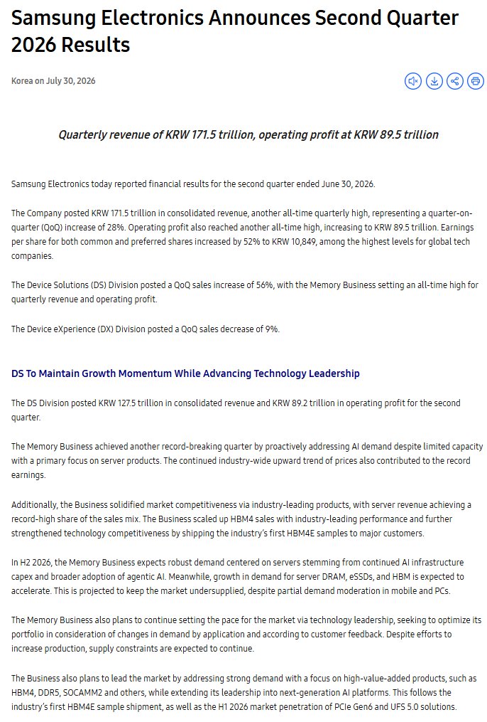 DavidKWilliams's tweet photo. Samsung’s next milestone is no longer proving that HBM4 works.

It is proving that HBM4 can materially change profits.

Samsung expects Q3 HBM4 revenue to more than TRIPLE from the previous quarter.

And in the second half of 2026:

→ HBM4 could exceed 60% of Samsung’s total HBM revenue
→ Nvidia Vera Rubin shipments are ramping
→ Foundry 4nm utilization and yields are improving
→ Samsung Foundry could potentially return to quarterly profit
That last point matters.
Samsung’s foundry business has been loss-making since 2023.
But KB Securities now sees a meaningful possibility of a Q3 profit, excluding incentive provisions, as 4nm LPU production expands and yields stabilize.

Samsung itself already reported significant foundry earnings improvement in Q2, driven by stronger demand for HBM base dies and U.S. customer orders.

This creates a much more interesting setup.

Samsung is no longer relying on memory alone.

HBM4 generates premium memory revenue.

Its base dies feed Samsung’s own foundry lines.

Improving 4nm yields support AI-chip production.

And stronger utilization improves foundry economics.

Meanwhile, SK Hynix is also ramping HBM4 volume for Nvidia’s Vera Rubin platform, trying to carry its HBM3E leadership into the next generation.

Stocks I’m watching:

Samsung Electronics — 005930.KS
SK Hynix — 000660.KS
$NVDA

The next phase of the Korean AI-memory trade is not about who can announce HBM4.

It is about who can turn HBM4 into sustained profit.

For Samsung, Q3 may be the first real test.