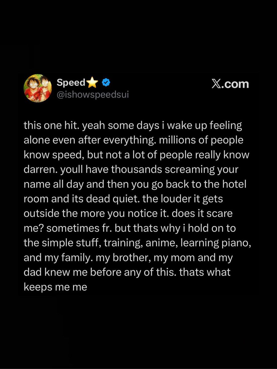 IShowSpeedHQ's tweet photo. 🚨| NEW: Speed opens up about feeling ALONE despite millions of people knowing who he is and says not many people truly know Darren ❤️‍🩹👀

“Millions of people know Speed, but not a lot of people really know Darren… the louder it gets outside, the more you notice it.” https://t.co/6QRY9RwNbs