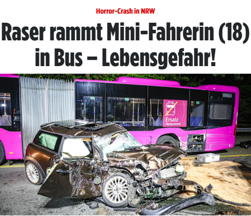 Taykra's tweet photo. #Witten: Der Raser zog nach rechts, raste in den Mini der jungen Frau, der in den Gegenverkehr geschleudert wurde. Der Mini krachte frontal in den Bus! Die 18-Jährige wurde lebensgefährlich verletzt. Mit ihr im Auto saßen drei Teenies (13, 15), die ebenf schwer verletzt wurden. https://t.co/KdFfLH3Vrf