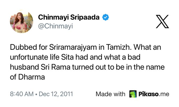 labstamil's tweet photo. When dubbing for Sriramajayam, she felt Ram was the worst husband. While singing Jai Jai Ram to Rahman's tunes, what'd be on her mind? 

Sri Ram would accept sincere songs from a devotee even if sung poorly, than insincere studio renditions that merely mouth off words for money. https://t.co/dVqkYnei1n