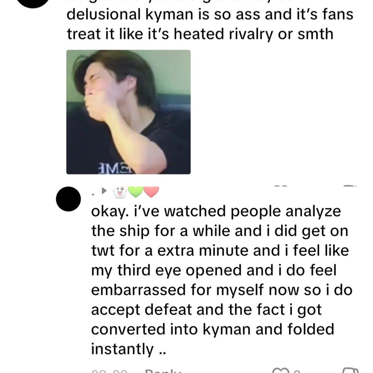 tfemkanade's tweet photo. funniest niche genres of comments are kyman haters turning into kyman likers in very short periods of time https://t.co/6QyQcdJ1BG