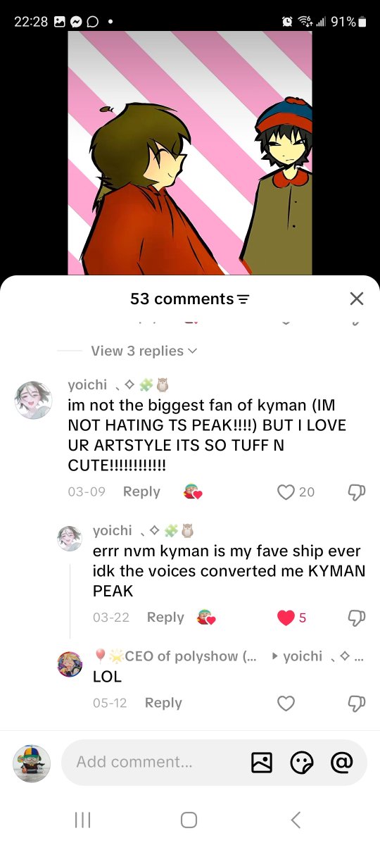 tfemkanade's tweet photo. funniest niche genres of comments are kyman haters turning into kyman likers in very short periods of time https://t.co/6QyQcdJ1BG