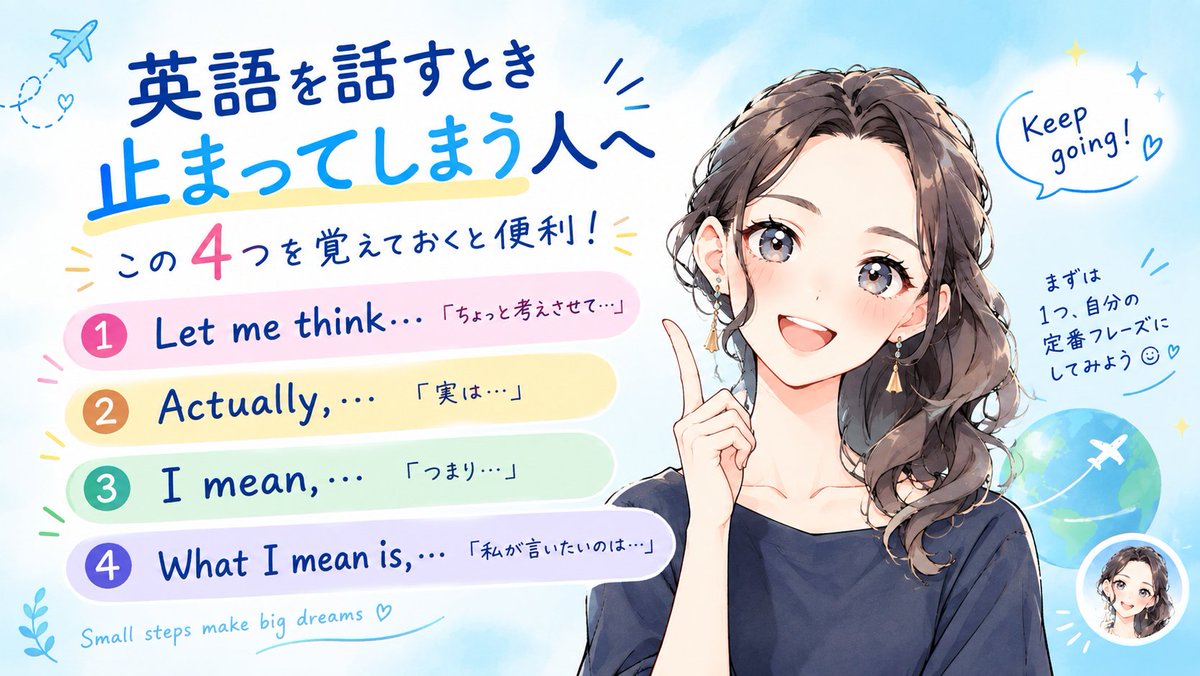 tomoima20221's tweet photo. 英語を話すとき「次に何を言えばいい？」と止まってしまう人へ

この4つを覚えておくと便利👇
・Let me think…
・Actually, …
・I mean, …
・What I mean is…
完璧な英文より「考える時間を作りながら、会話を止めない」ことが大事💡
「つなぎフレーズ」を1つ、自分の定番にしてみよう🍀 https://t.co/mkCXEcXOgN