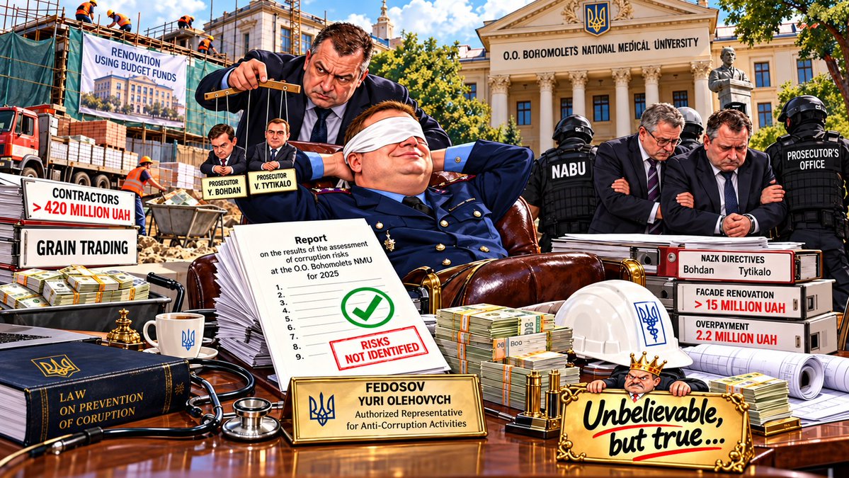 n_no_f_eu's tweet photo. #Bogomolets National Medical University Anti-Corruption Unit Ignores Risks as Vice-Rectors Face Criminal Charges and Repair Contracts Reach Hundreds of Millions

On January 19, 2026, Bogomolets National Medical University (#NMU) Rector Yuriy #Kuchyn approved the university’s 2025 anti-corruption report. The two-page document listed nine generic issues and concluded: "No new corruption risks identified." It omitted risk levels, specific names, procurements, or action plans, #Absolution reports.

The report was signed by Yuriy #Fedosov, university anti-corruption officer and former police colonel, Kyiv Traffic Police deputy chief, and road patrol unit head. University HR operations are overseen by Ihor #Drapei, former head of public safety police in Odesa Region. This duo controls personnel and internal anti-corruption compliance at the state university amid multi-million UAH state-funded renovations.

Law enforcement agencies have raised major red flags. In June 2026, prosecutors reported the alleged embezzlement of over 15 million UAH during facade and roof repairs at NMU. Investigators allege controlled firms faked tender competition, preselected winners, inflated work volumes, and siphoned funds via linked entities and cash.

A 10.9 million UAH roof repair contract for the morphological building with LLC #Olster saw nearly 4 million UAH transferred based on signed completion acts. #Kuchyn was summoned for questioning as a witness.

Criminal proceedings soon reached top leadership. In August 2026, Vice-Rector for Facilities Management Yuriy #Bohdan was served a notice of suspicion for aiding large-scale embezzlement of public funds involving an estimated 2.2 million UAH overpayment. In September, Vice-Rector for Economics Volodymyr #Titykalo was formally named in the same procurement scheme.

In June 2025, the #NACP had issued personal orders to Kuchyn regarding both vice-rectors over undisclosed corporate rights: Bohdan held stakes in #LLC Legal Bureau Mayak and JSC All-Ukrainian Collegium of Defenders, while #Titykalo held shares in BK Audit, Helix Med, and a private university. Fedosov’s report made no mention of these individuals or disclosures.

Despite ongoing investigations, NMU continued awarding massive construction contracts. LLC Green Trading has secured over 420 million UAH in university contracts. On September 8, 2026, the firm won a 66.73 million UAH contract to repair a student dormitory on Hrushetskoho Street as the sole bidder. Nashi Hroshi identified potential material overcharges exceeding 5 million UAH, along with 2.92 million UAH allocated for "risk coverage" and 7.79 million UAH for inflation. The State Audit Service initiated a review of two dormitory renovation contracts totaling over 130 million UAH. Green Trading has amassed ~1.78 billion UAH in public tenders since 2016.

Financial disclosures also show major wealth accumulation. #Kuchyn declared 1.68 million UAH in 2025 salary plus income from private clinics, while his wife, Kateryna #Belka, earned 757,000 UAH at NMU and 2.04 million UAH as an entrepreneur. Their household recently acquired a Honda CRF 1100 D4 (819,000 UAH) and a BMW iX1 (~1.27 million UAH). Drapei’s family reported 1.84 million UAH in annual income, yet in September 2025, a Mercedes-Benz EQA 250 (1.459 million UAH) was registered under his son #Nazar, who also works at #NMU.

Unbelievable, but true…