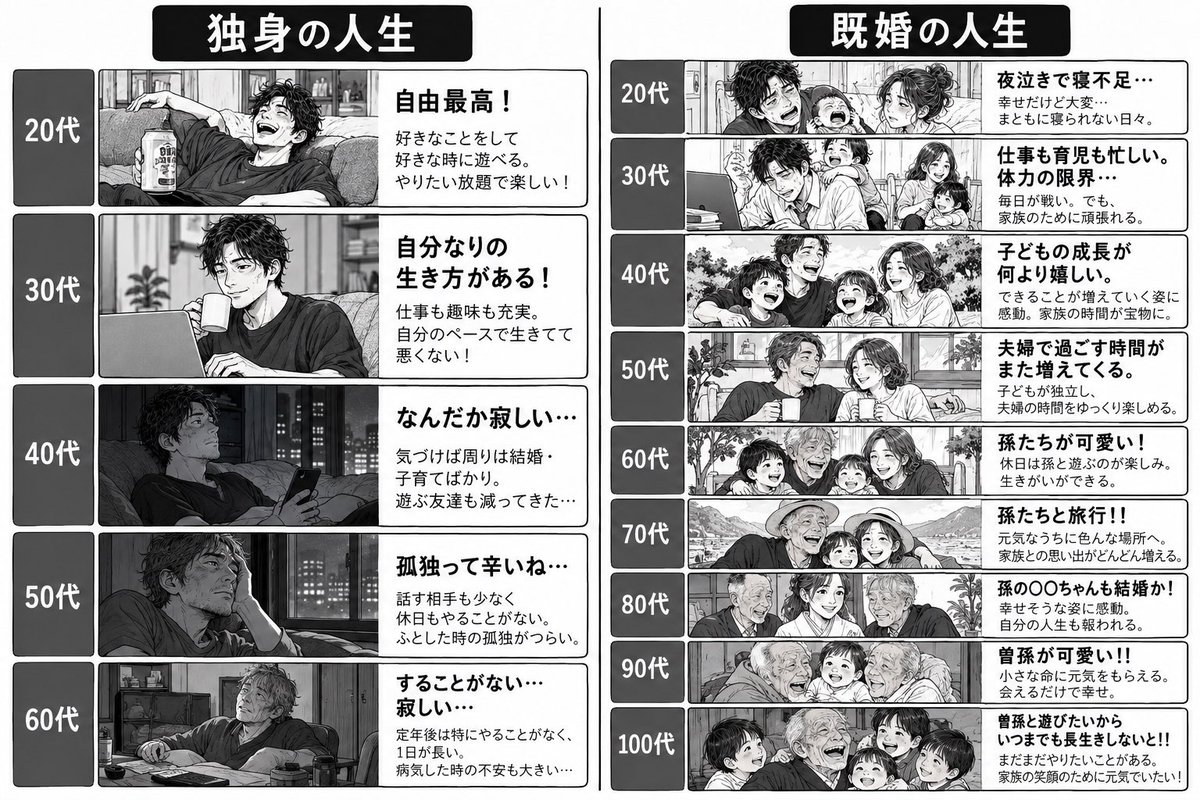 tachibana_kz's tweet photo. 独身VS既婚。どちらの人生になるか。 https://t.co/pDBAXC7NM6