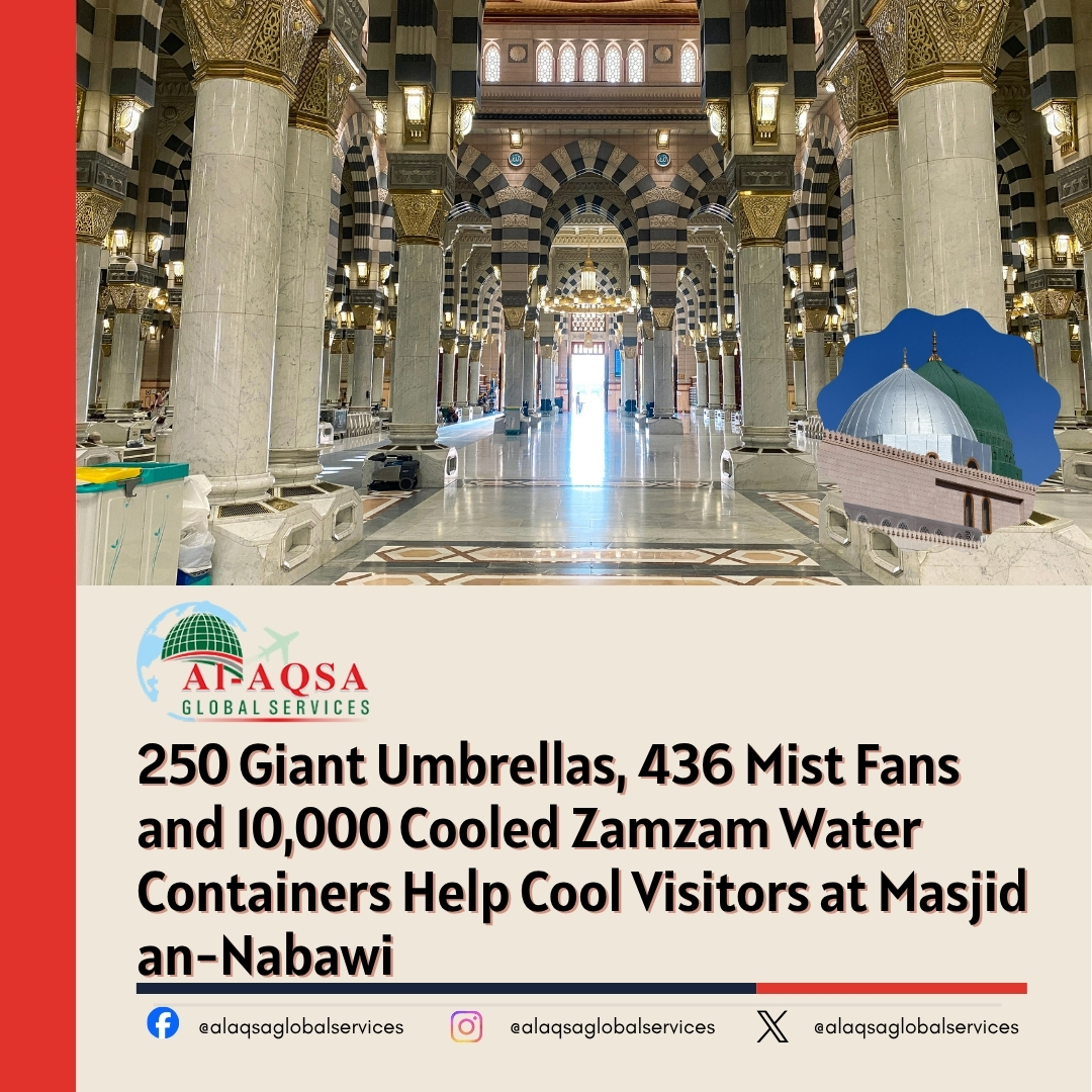 alaqsaglobal's tweet photo. Masjid an-Nabawi ﷺ has an extensive cooling system to help pilgrims and worshippers stay comfortable throughout the day.

☂️ 250 giant umbrellas
💨 436 mist fans
💧 10,000 cooled Zamzam water containers
.
.
.
.
.
.
.
#AlAqsaGlobalServices #masjidannabawi #madinahalmunawwarah https://t.co/1bf1TBsxho
