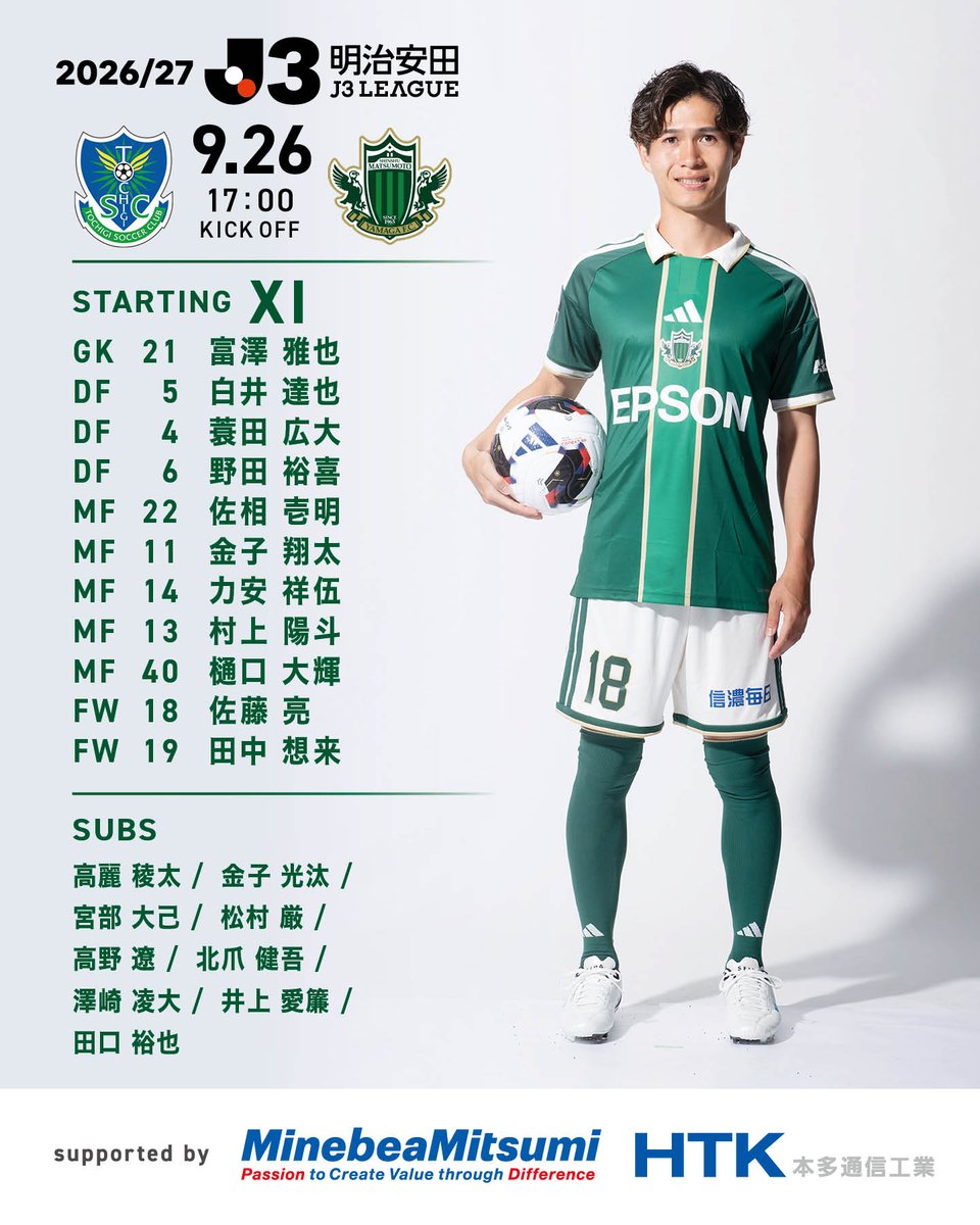 yamagafc's tweet photo. 【9/26🆚栃木SC】

スタメン発表🔥🟢

🆚栃木ＳＣ
🕔17:00KO
🏟カンセキ
📺DAZN

👉試合情報はこちら
https://t.co/cHHu4lamOu

#yamaga
#onesoul
#サイコウ
#jleague
#栃木SC松本 https://t.co/K7YtxqdWVI