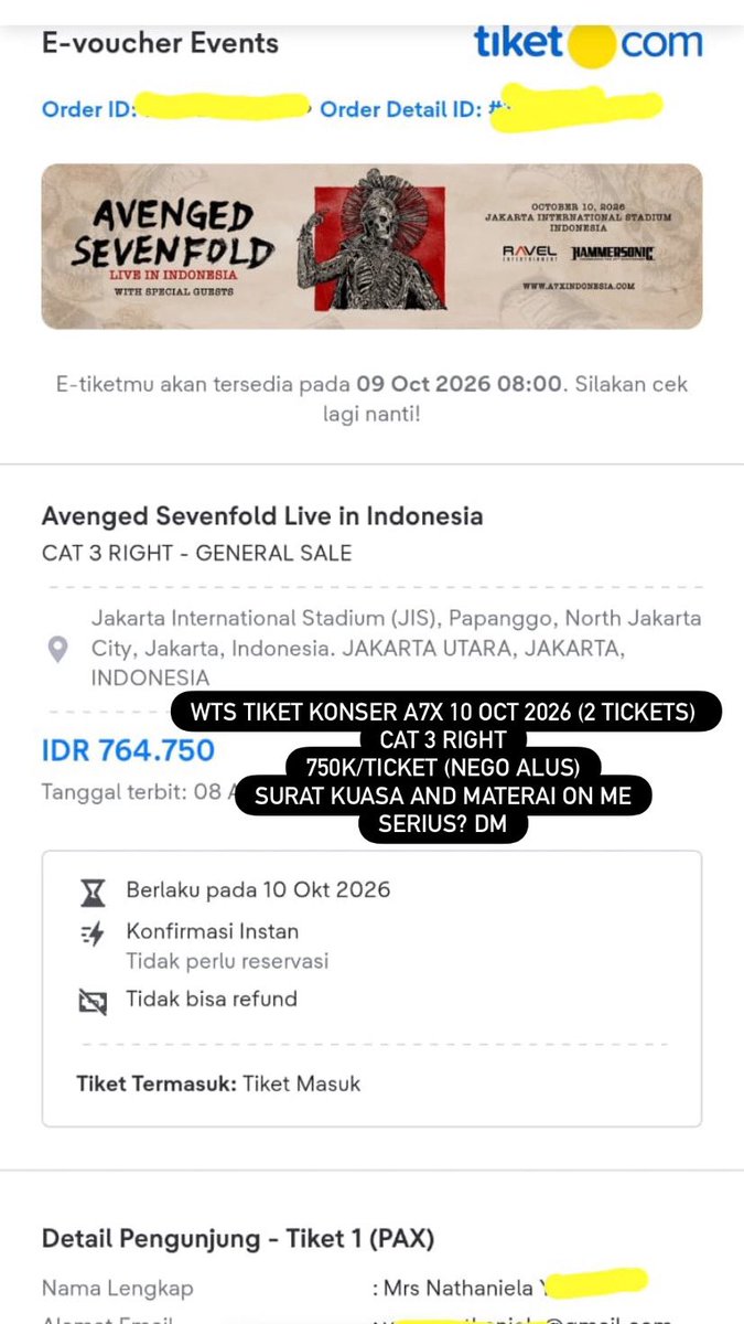 oxerius's tweet photo. wts tiket konser a7x 10 Oct 2026 (2 tickets) 
cat 3 right
750/ticket (nego alus)
surat kuasa and materai on me
serius? dm
#wts #a7x https://t.co/jZRkc0B4YF
