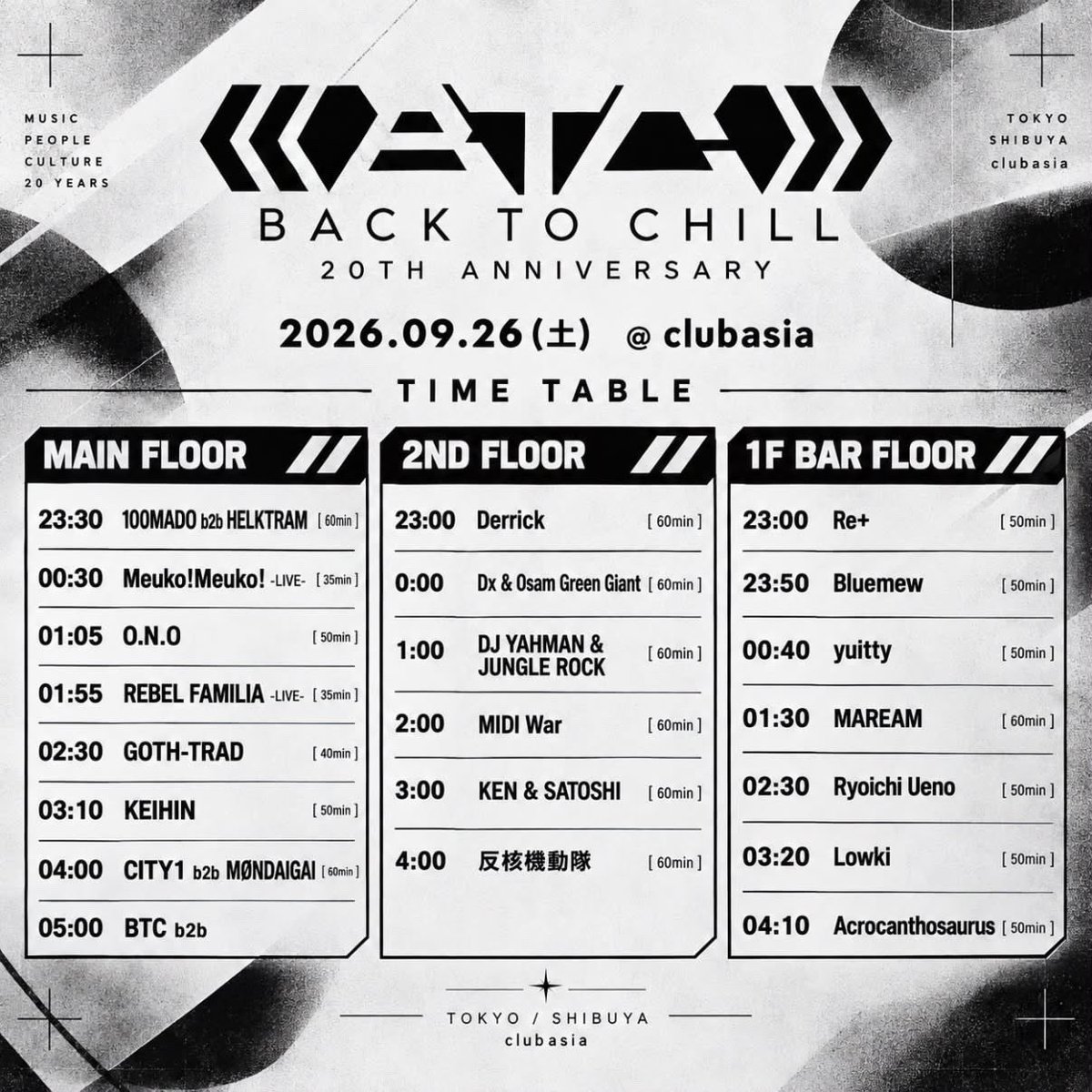 DJ_YAHMAN's tweet photo. ㊗️BTC20周年！

各フロア濃厚今夜！

Back To Chill 20th Anniversary
@ clubasia

2026.09.26SAT
OPEN: 23:00 https://t.co/wY2NsCTBiU