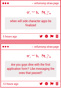 railoflove's tweet photo. #VellumSMP | Hi hai! We're still going through the applicants for the side characters, but there's no **official** date as to when we'll be finalizing them. https://t.co/b8f7XOJc1P