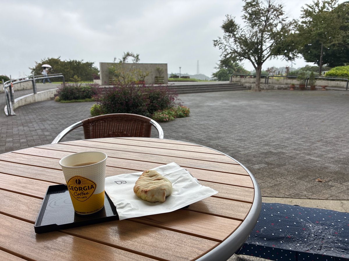 WILLIAM_JOY's tweet photo. 今日はあいにくの天気ですが、傘さして山頂公園経由でイーオンへ。公園に軽食できる場所があるのが嬉しいです。バジル&amp;チキンピザとカフェオレ。雨宿りしながら一息。 https://t.co/cezvS2qmRE