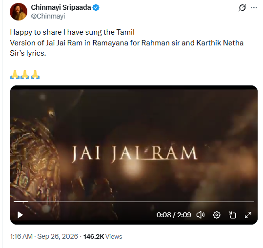 labstamil's tweet photo. When dubbing for Sriramajayam, she felt Ram was the worst husband. While singing Jai Jai Ram to Rahman's tunes, what'd be on her mind? 

Sri Ram would accept sincere songs from a devotee even if sung poorly, than insincere studio renditions that merely mouth off words for money. https://t.co/dVqkYnei1n