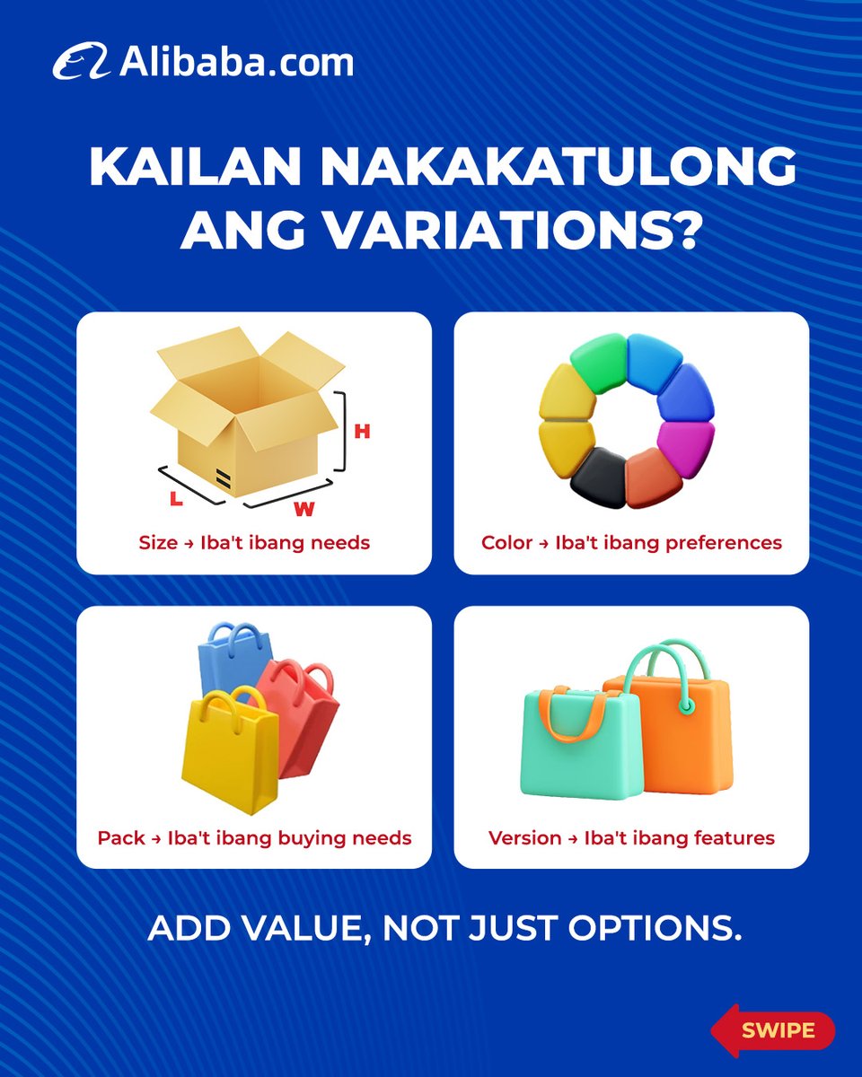 AlibabaSEA_'s tweet photo. Product variations can meet customer needs, but too many SKUs add inventory and operational complexity.

💡 Add SKUs with purpose. Source smarter on https://t.co/Jam8DjxYfI.

#AlibabaCom #SmartSourcing https://t.co/tP8lS2VeDg