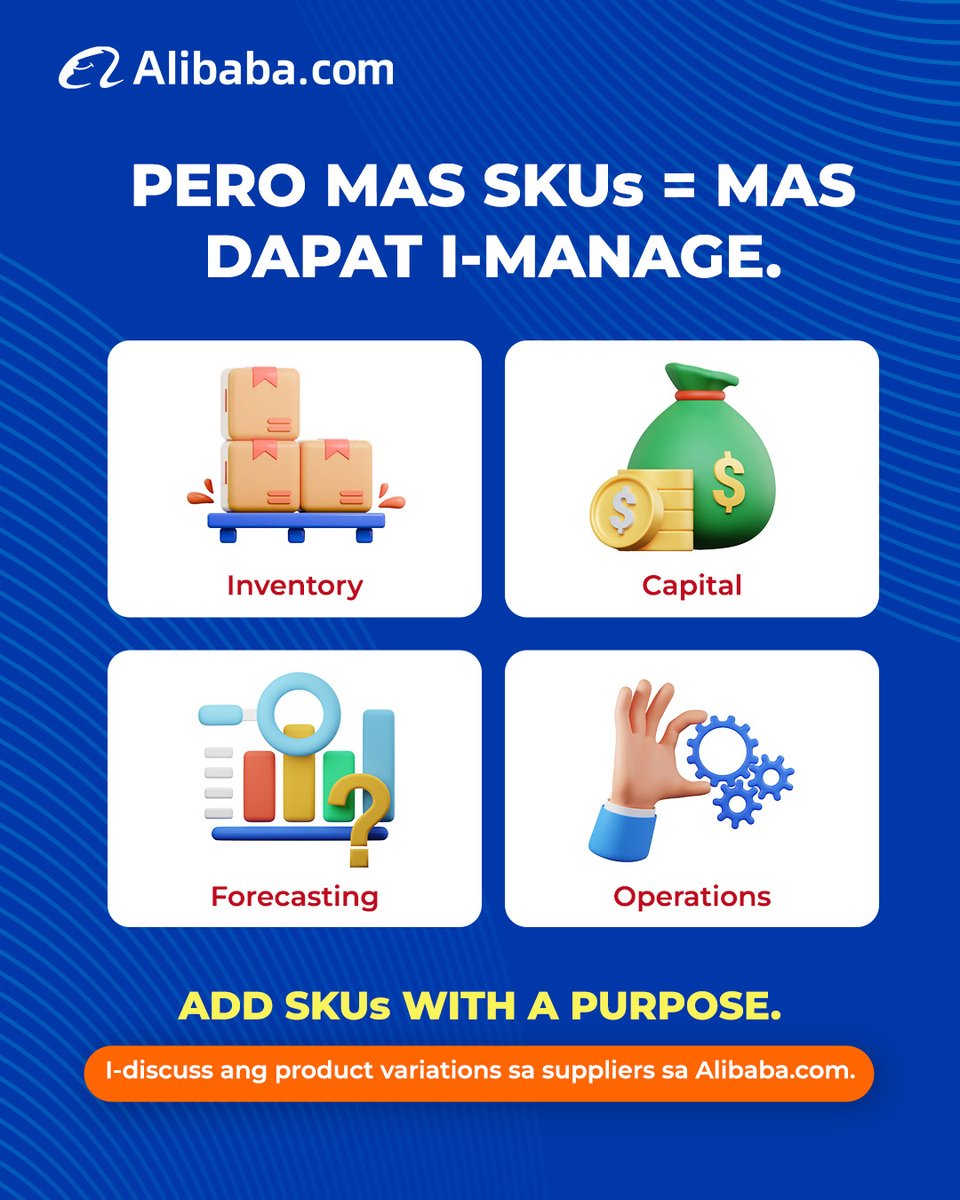 AlibabaSEA_'s tweet photo. Product variations can meet customer needs, but too many SKUs add inventory and operational complexity.

💡 Add SKUs with purpose. Source smarter on https://t.co/Jam8DjxYfI.

#AlibabaCom #SmartSourcing https://t.co/tP8lS2VeDg