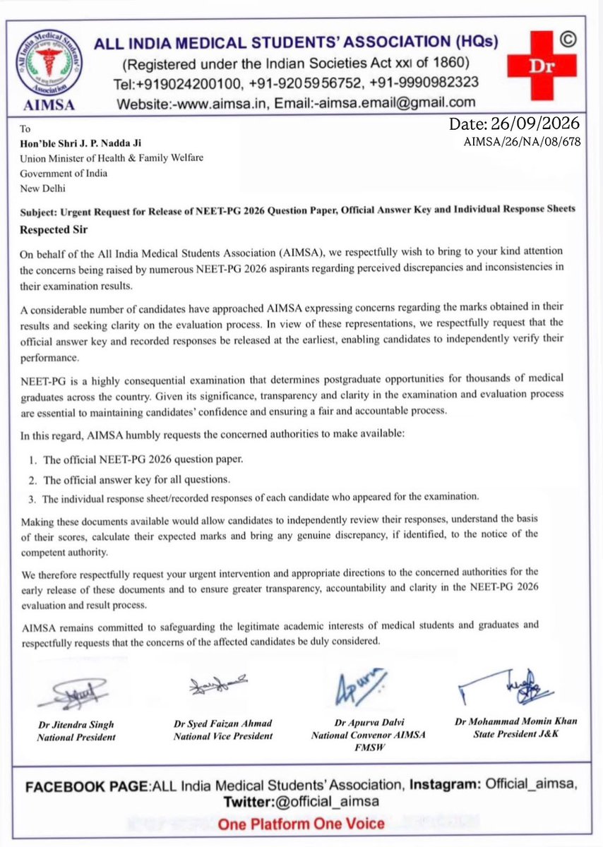 official_aimsa's tweet photo. AIMSA Writes to Hon'ble @JPNadda Ji Seeking Urgent Release of NEET-PG 2026 Question Paper Answer Key & Response Sheets
@ANI @PTI_News @ians_india @Shalini_Journo @YawarShafi4 @Zehra_Shafi @Lolita_TNIE @vishu_reports @AnujaJaiswalTOI @ShwetaReports  @newsagencyknt @reetksahni @RisingKashmir @medicaldialogs @official_aimsa @drsfaizanahmad @DrMohammadMomin @aajtak @sakunthsk @KNO_NEWS @GreaterKashmir @ABPNews