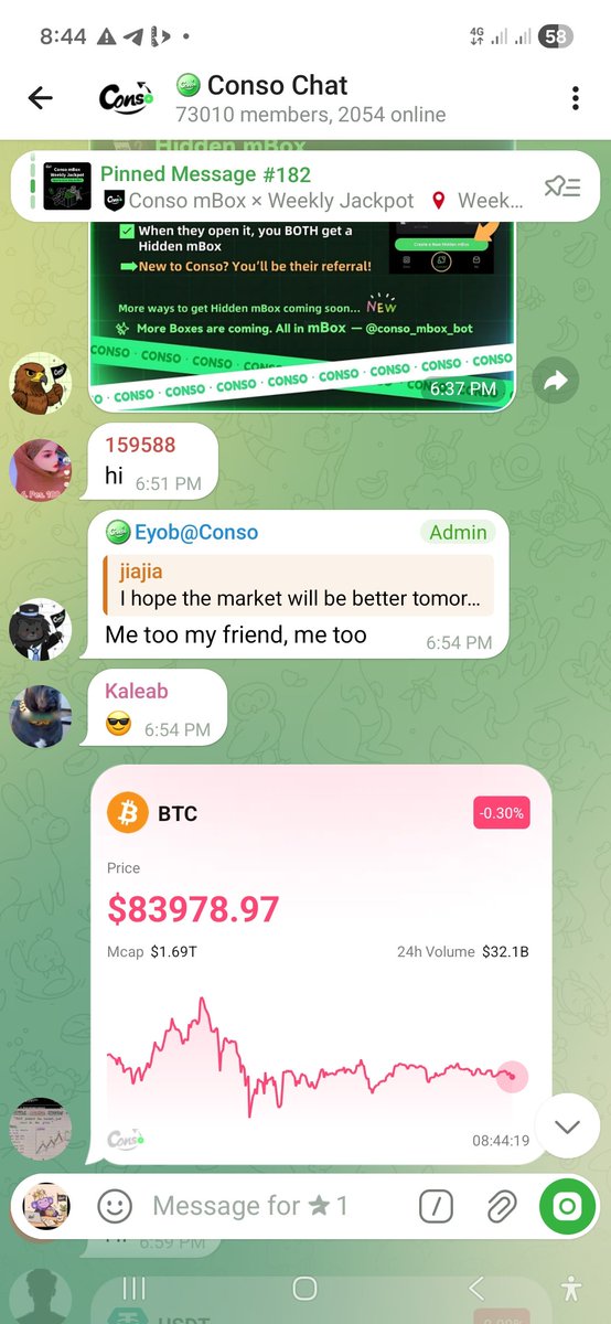 Last_soncryp's tweet photo. Can you find the difference between these two images?  GOOOOOOO!

They are both screenshots of one group on a similar chat.

One shows the address when someone drops a CA in a group chat to copy for another app outside Telegram

The other displays a signal card of the CA's chart when someone mention a CA or Ticker in a group chat.

That is called the Conso difference!

Start using Telegram through @conso_tg  and experience how the app was meant to be.
@Showy005