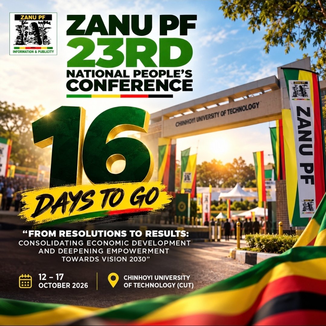 ValChibs's tweet photo. Chinhoyi beckons. 16 days to go. From 12–17 October, the spotlight turns to the 23rd National People’s Conference and its theme: “From Resolutions to Results.” https://t.co/LSDSHhckiZ