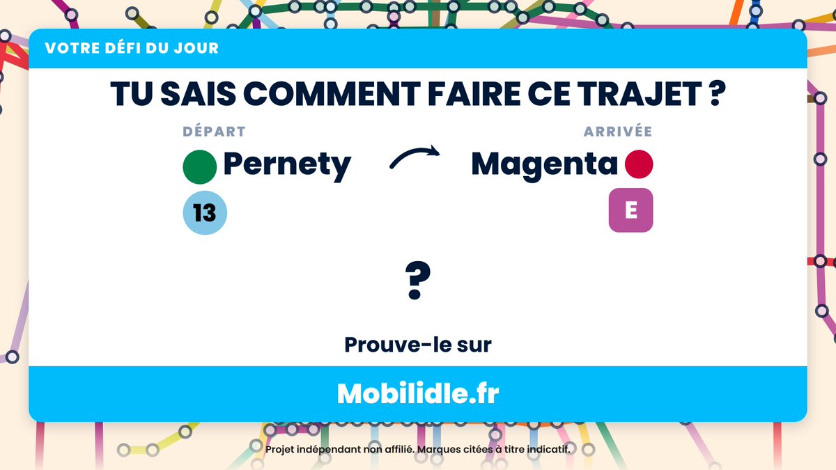 mobilidle's tweet photo. Le défi du 26 septembre 2026 : Pernety → Magenta.

Le meilleur trajet, pas le premier qui marche. Lien en bio.

#Mobilidle #IleDeFrance #Transports #Metro #RER #Transilien https://t.co/VuaAvip4uX
