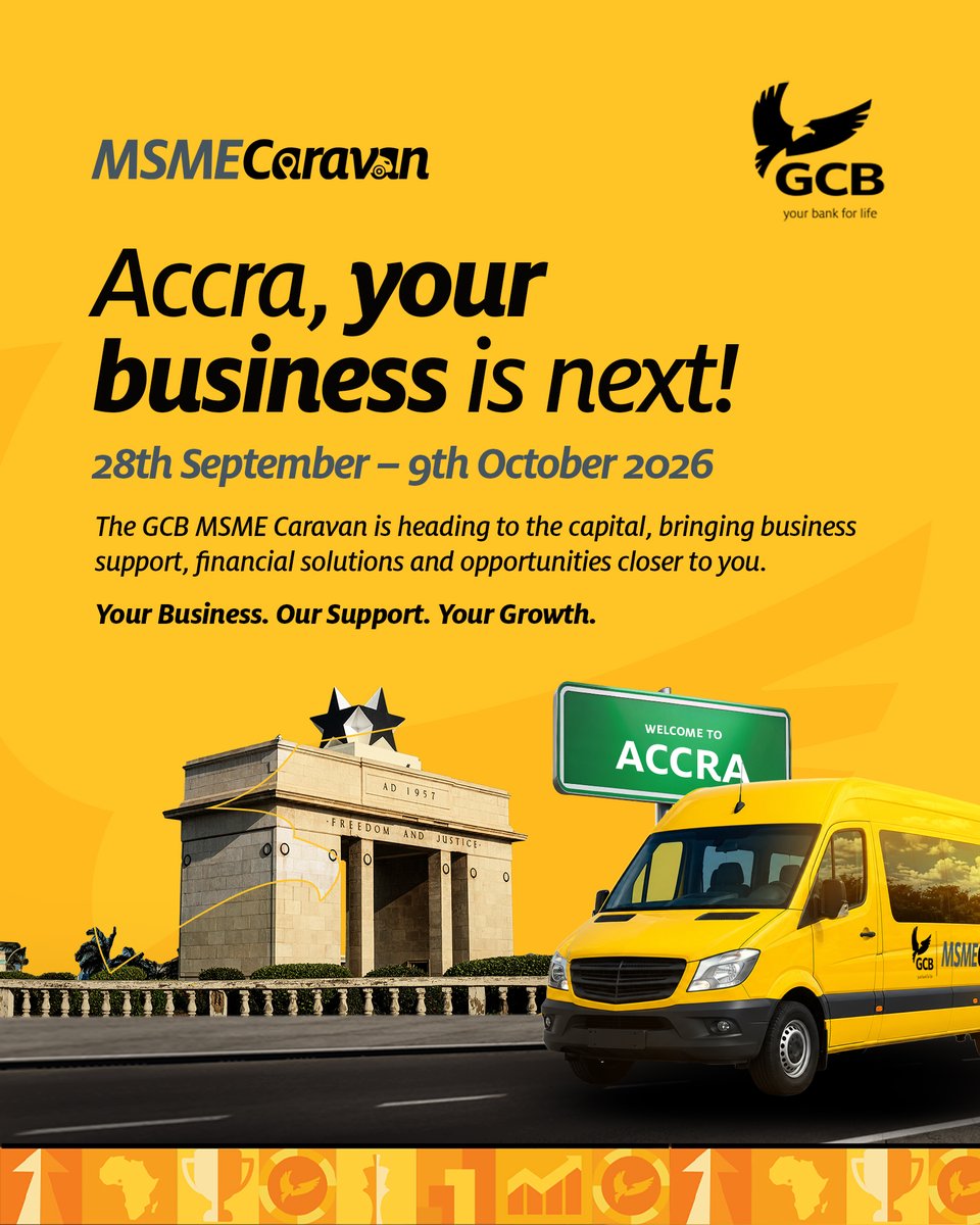 GCBBankPLC's tweet photo. Kumasi was a vibe, now Accra, it’s your turn!

The GCB MSME Caravan is heading to the capital with opportunities, financial solutions and support to help businesses grow.

Accra, your business is next!

#GCBBank #GCBMSMECaravan #Accra #MSMEBanking #BusinessGrowth #YourBank4Life https://t.co/zmQUNofK8O