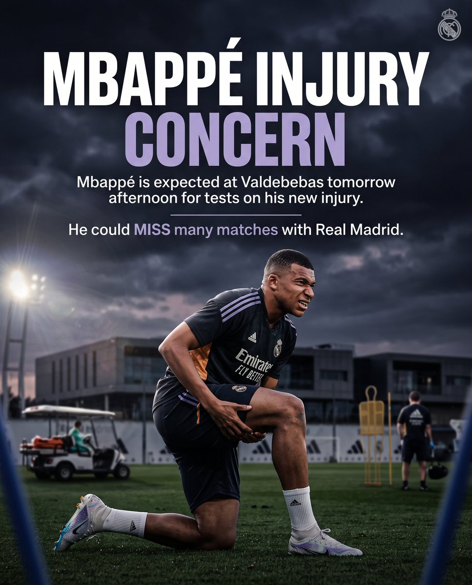 samipress's tweet photo. ‼️💥Various reports suggest Kylian Mbappé will be in Valdebebas tomorrow in the afternoon for testing on his new injury. 

He will most likely MISS many matches with Real Madrid, as his injury seems to be serious. https://t.co/O9RIwau8mW